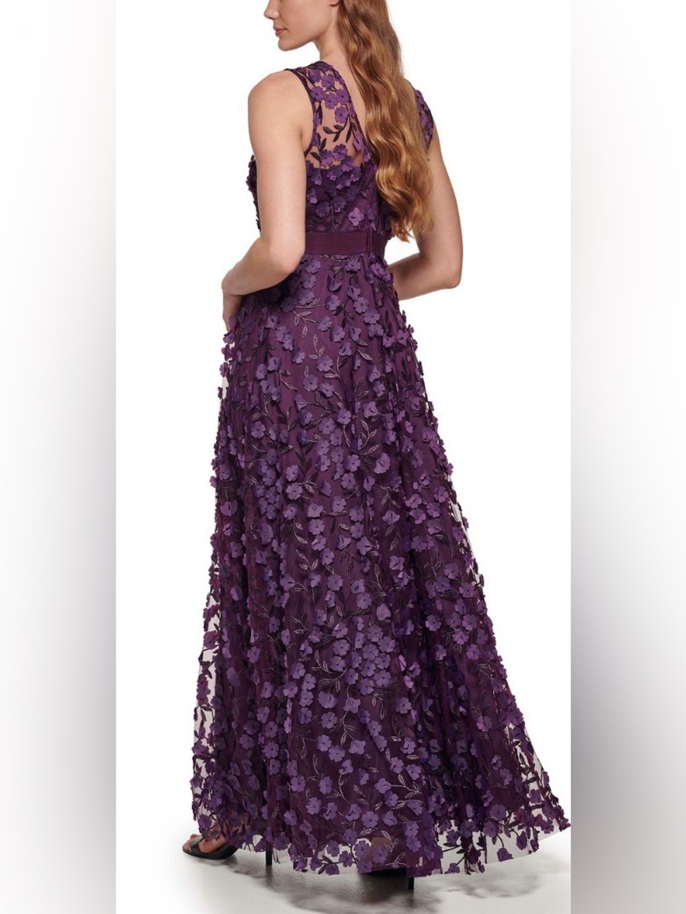 NEW Eliza J Women's 3D Floral Sleeveless Tiered A-Line Gown Plum Purple. Sz 6. - Picture 2 of 9